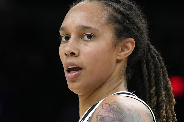 Phoenix Mercury center Brittney Griner is shown during the first half of Game 2 of basketball's WNBA Finals against the Chicago Sky, Oct. 13, 2021, in Phoenix.