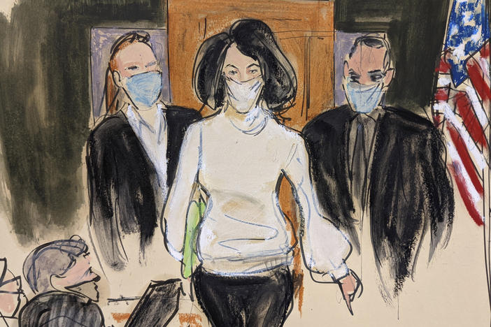 In this courtroom sketch, Ghislaine Maxwell enters the courtroom escorted by U.S. Marshalls at the start of her trial, Nov. 29, 2021, in New York.