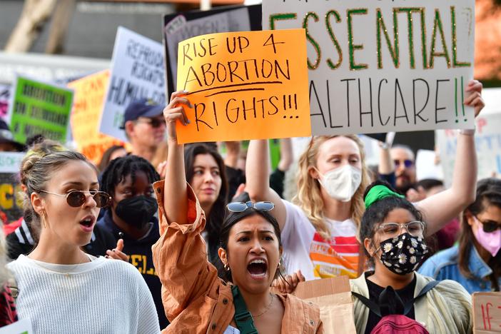 Protesters gather outside the U.S. Courthouse in Los Angeles to defend abortion rights on May 3, 2022, after a Supreme Court opinion overturning Roe v. Wade was leaked.