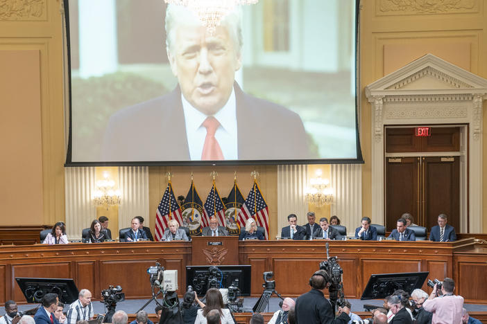 A video of former President Donald Trump from his Jan. 6 Rose Garden statement is played as Cassidy Hutchinson, a former top aide to White House Chief of Staff Mark Meadows, testifies during the sixth hearing held by the House select committee investigating the Capitol insurrection on Tuesday, June 28, 2022.