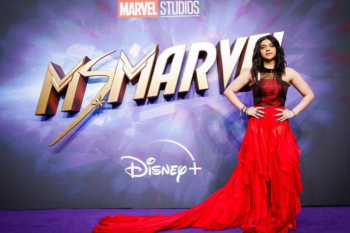 Actor Iman Vellani, who plays Kamala Khan in the new Disney+ TV show <em>Ms. Marvel</em>, attends a screening in London on May 26.