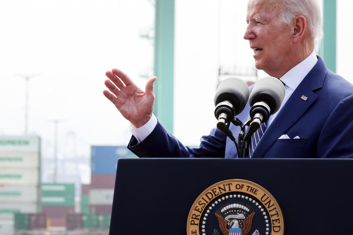 President Joe Biden delivered remarks at an event in the Port of Los Angeles, touching on inflated gas prices.