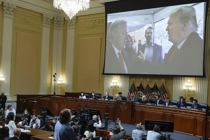 An image of former President Donald Trump talking to his Chief of Staff Mark Meadows is displayed as Cassidy Hutchinson, a former top aide to Meadows, testifies about events around the Capitol insurrection to the House Jan. 6 select committee.