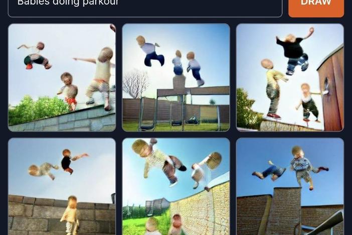 An image of babies doing parkour generated by DALL-E mini.