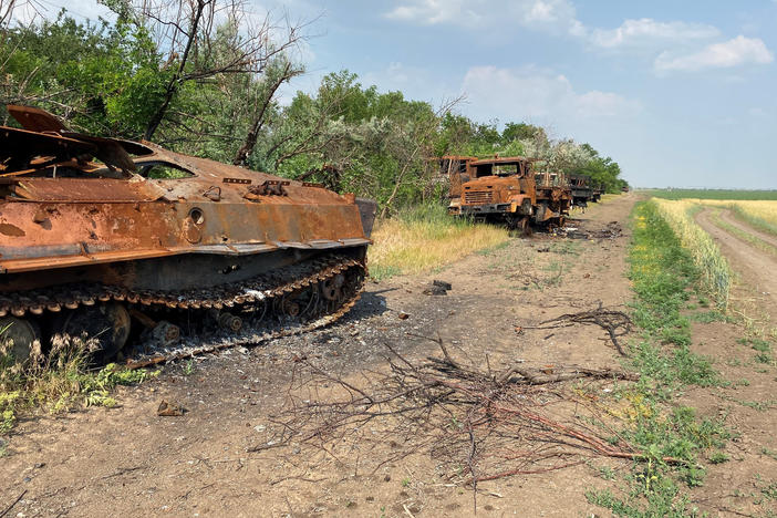 Destroyed tanks and trucks line the farm roads that bisect Mykhailo Liubchenko's plots. The ground fighting has subsided, but there's almost daily shelling in his region near the front lines of the southern campaign of the war.