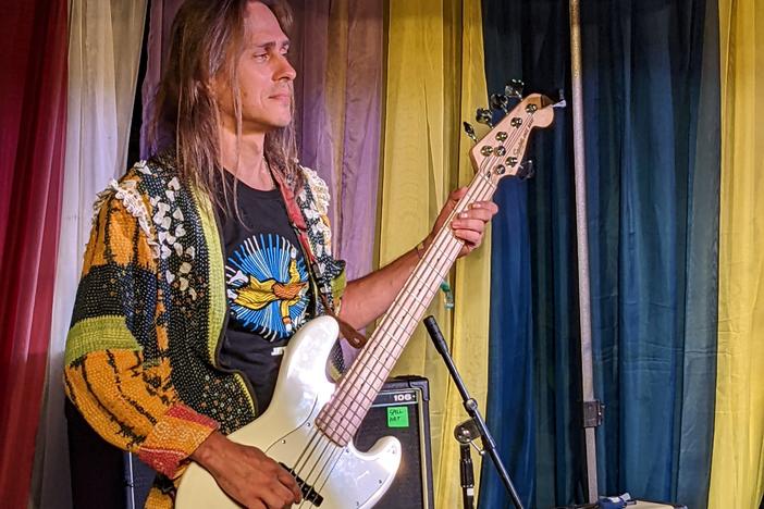 Bass player Vitaly Prismototrov at the JetLAG Festival. This was not Prismotrov's first visit to the U.S. In 2008 he performed with Dolly Parton's band in Tennessee.