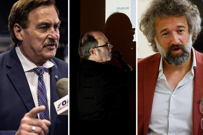 NPR used social media and news reports to track four key men spreading misinformation about the 2020 election (from left to right): MyPillow CEO and longtime Trump supporter Mike Lindell, former high school math and science teacher Douglas Frank, former law professor David Clements, and former U.S. Army Captain Seth Keshel.