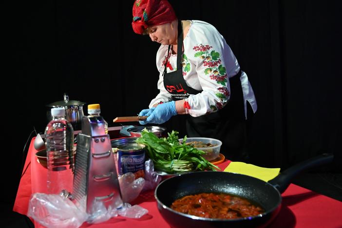 A cook prepares borsch at a March 2021 event in Kyiv to promote Ukraine's bid for UNESCO to recognize the dish as part of the country's historical heritage.