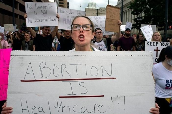 Dr. Kara Beasley protests the overturning of Roe vs. Wade by the U.S. Supreme Court, in Denver, Colorado on June 24, 2022.