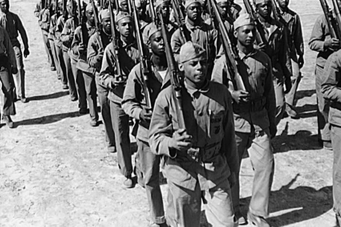 New recruits learn to drill. Breaking a tradition of 167 years, the U.S. Marine Corps enlisted blacks, June 1, 1942. The first class of 1,200 black volunteers began their training three months later as members of the 51st Composite Defense Battalion.