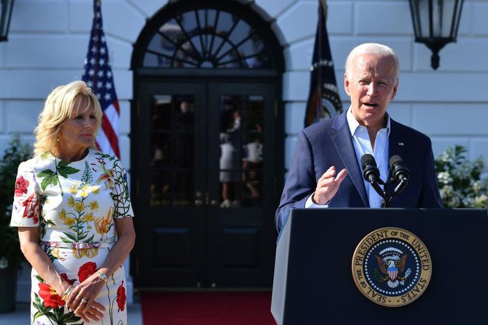 President Biden, with First Lady Jill Biden at his side, delivers remarks at a 4th of July BBQ with military families at the White House.