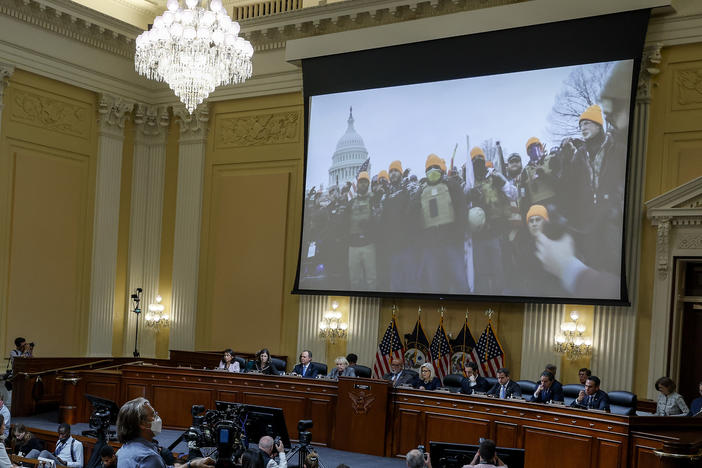 Video from Jan. 6, 2021 plays as Cassidy Hutchinson, former aide to Trump White House Chief of Staff Mark Meadows, testifies on June 28.
