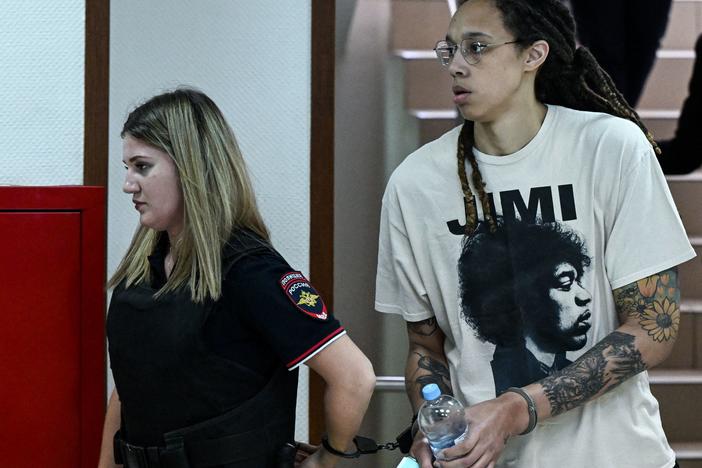 Brittney Griner arrives at the Khimki Court, outside Moscow, for her first court appearance last Friday.