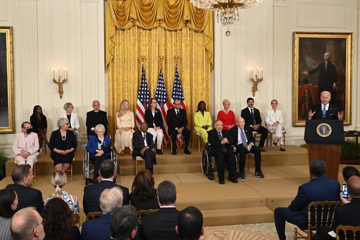 President Joe Biden speaks before presenting the Presidential Medal of Freedom, the nation's highest civilian honor, during a ceremony honoring 17 recipients in the East Room of the White House on Thursday.