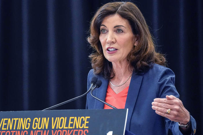 New York Gov. Kathy Hochul speaks during a ceremony to sign a package of bills to strengthen gun laws on June 6, 2022, in New York.