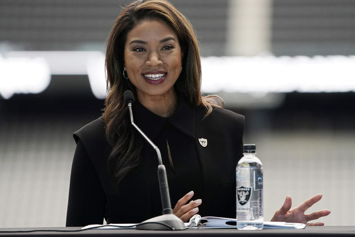 Sandra Douglass Morgan speaks during a news conference announcing her as the new president of the Las Vegas Raiders NFL football team Thursday, July 7, 2022, in Las Vegas.