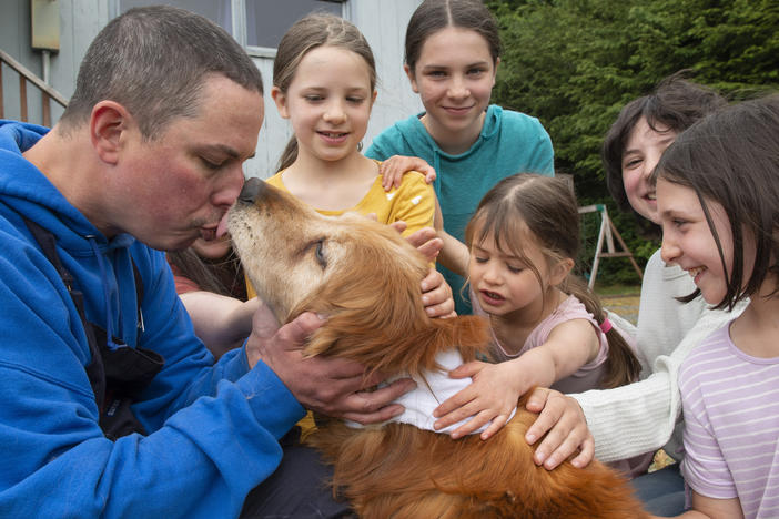 Ted Kubacki gets a lick from the family golden retriever, Lulu, outside their house after being reunited in Sitka, Alaska, on Thursday. The elderly, blind dog who had been missing three weeks, was found on Tuesday by a construction crew. Behind Kubacki is his wife, Rebecca, and their children Ella, Viola, Star, Lazaria and Olive.