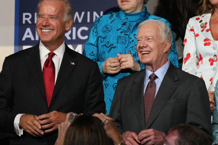 Then-Sen. Joe Biden is seen with former President Jimmy Carter watching the proceedings at the Democratic National Convention in Denver in 2008 where Biden would be the party's vice presidential nominee.