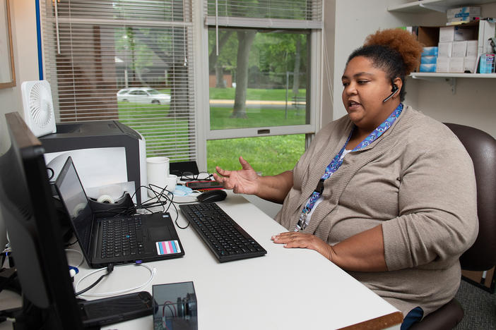Barbara Wheatley takes phone calls as part of the National Suicide Prevention Lifeline Network. Wheatley is an alcohol and substance abuse counselor, and the lead clinician for mobile crisis response for Memorial Behavioral Health in Springfield, Ill.