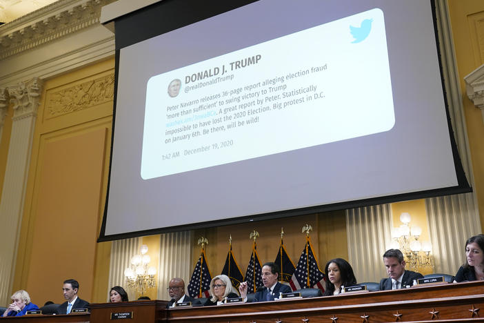A tweet from former President Donald Trump is shown as the House select committee investigating the Jan. 6 attack on the U.S. Capitol holds a hearing on Tuesday.