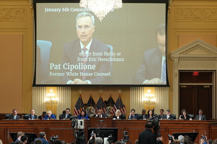 A video of Pat Cipollone, former White House counsel, is shown on a screen during the seventh hearing held by the Select Committee to Investigate the January 6th Attack on the U.S. Capitol on Tuesday.