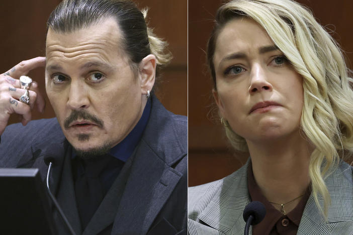 Johnny Depp testifies at the Fairfax County Circuit Court in Fairfax, Va., on April 21, and Amber Heard testifies in the same courtroom on May 26. Depp won a defamation suit against his ex-wife last month.