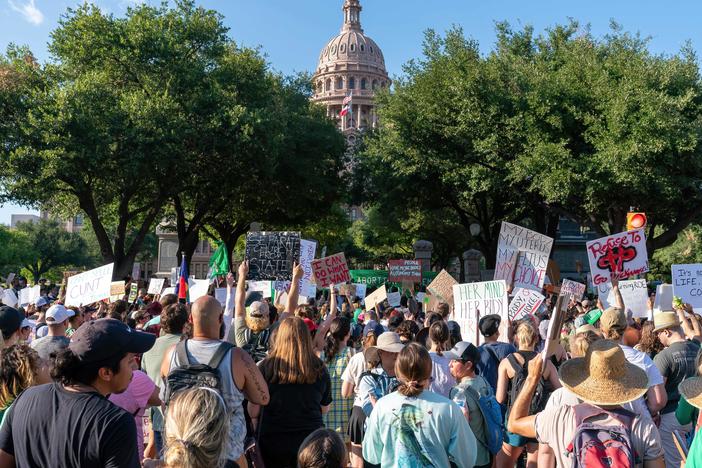 Abortion rights protesters gather at the Texas state capitol in Austin in June.