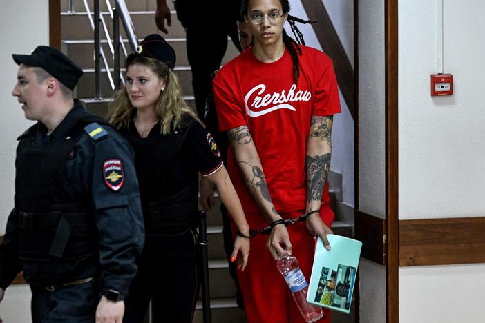 Brittney Griner arrives to a hearing at the Khimki Court, outside Moscow last week. She is scheduled to return for another hearing starting at 7:30 a.m. ET on Thursday.