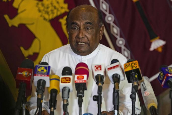 Sri Lanka's Parliament Speaker Mahinda Yapa Abeywardana speaks during a press conference in Colombo, Sri Lanka, Friday, July 15, 2022.