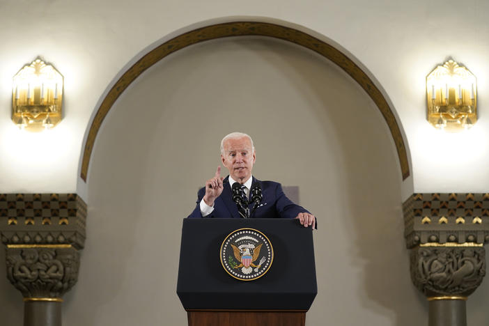 U.S. President Joe Biden speaks at the Augusta Victoria Hospital in east Jerusalem on Friday. Biden announced a U.S. investment of $100 million for a network of hospitals.