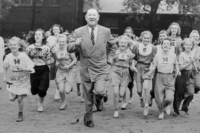 Jim Thorpe, the famed American athlete and U.S. Olympic great runs during a Junior Olympics event in Chicago on June 6, 1948. Thorpe has been reinstated as the sole winner of the 1912 Olympic pentathlon and decathlon.