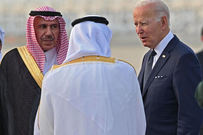 President Biden is welcomed at King Abdulaziz International Airport in the Saudi coastal city of Jeddah. He was later greeted by Saudi Arabia's Crown Prince Mohammad bin Salman.
