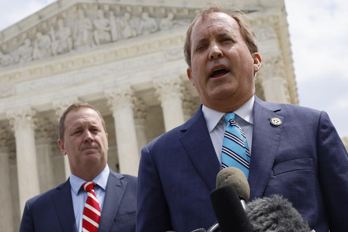 Texas Attorney General Ken Paxton (right) has sued the CDC over its air travel mask mandate, while Missouri Attorney General Eric Schmitt (left) has sued and sent cease and desist letters to dozens of school districts over mask mandates.