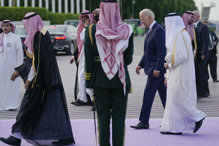 President Biden arrives at King Abdulaziz International Airport on Friday in Jeddah, Saudi Arabia.