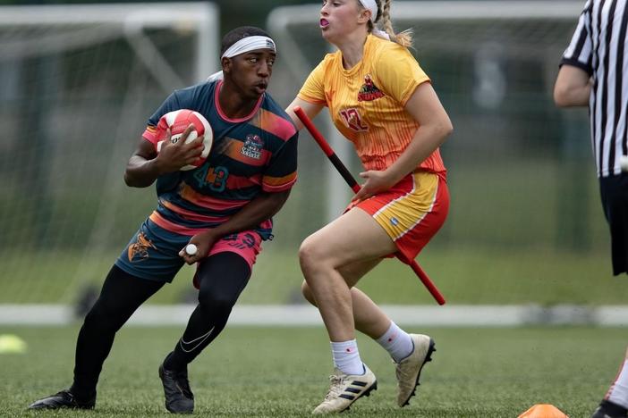 The New York Titans and the Austin Outlaws face off during the 2021 regular Major League Quidditch season last June in Round Rock, Texas. The league and the sports governing bodies announced on Tuesday that the sport is rebranding as quadball.