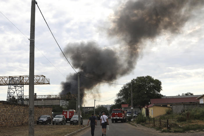 Smoke rises in the air after shelling in Odesa, Ukraine.