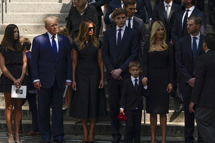 Former President Donald Trump, Melania Trump, Barron Trump, Jared Kushner, Ivanka Trump, Donald Trump Jr. and Eric Trump leave St. Vincent Ferrer Roman Catholic Church in New York after the funeral of Ivana Trump on Wednesday.