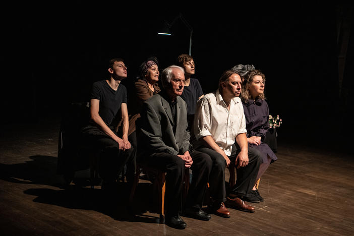 Actors for the Donetsk Regional Drama Theatre of Mariupol, on stage during a rehearsal for their play <em>Cry of a Nation</em> at the Uzhhorod municipal theater on July 14.