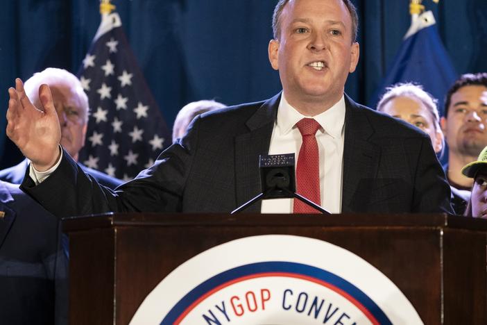 U.S. Rep. Lee Zeldin, the Republican nominee for New York governor, seen here speaking at the 2022 New York GOP Convention in March, was attacked on Thursday by man with a pointed weapon at an upstate event but was uninjured, his campaign said.