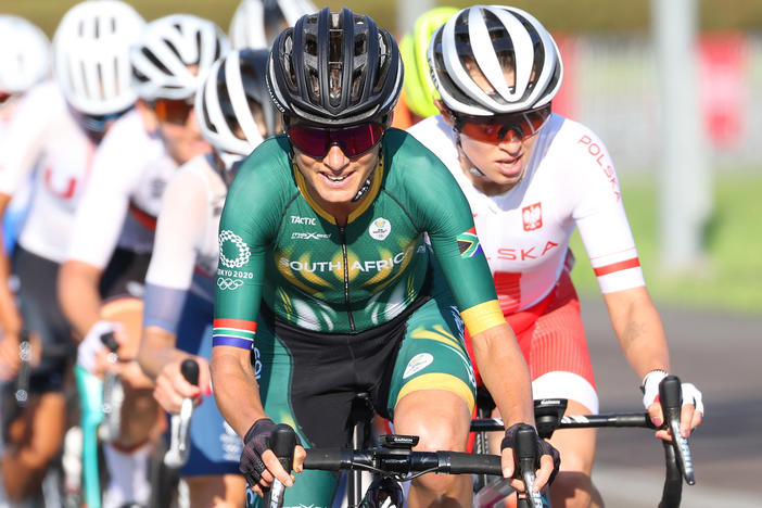 Ashleigh Moolman-Pasio of Team South Africa leads the peloton during the women's road race on the second day of the 2020 Olympic Games at Fuji International Speedway on July 25, 2021 in Oyama, Shizuoka, Japan.