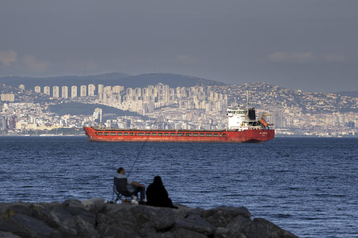A cargo ship anchored in the Marmara Sea awaits access to the Bosphorus Straits in Istanbul, Turkey, on July 13, 2022.