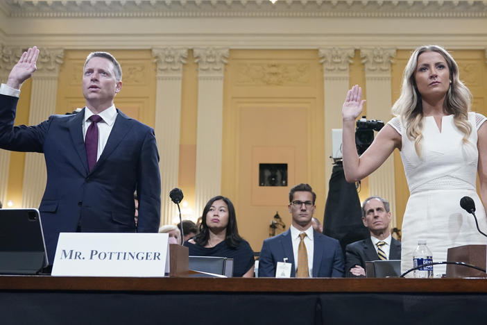 Matt Pottinger, former deputy national security adviser, and Sarah Matthews, former White House deputy press secretary, are sworn in to testify as the House select committee investigating the Jan. 6 attack on the U.S. Capitol holds a hearing on Thursday.