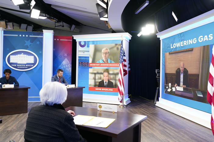 Treasury Secretary Janet Yellen, left, listens as President Joe Biden speaks virtually during a meeting with his economic team in the South Court Auditorium on the White House complex in Washington on Friday.