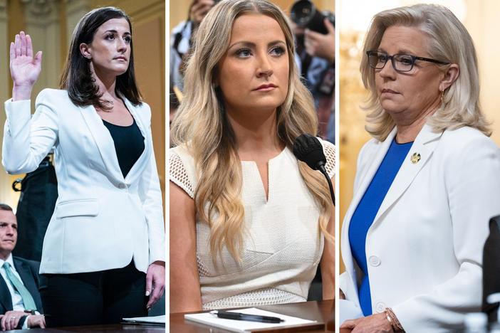 From left: Cassidy Hutchinson, former aide to Trump White House chief of staff Mark Meadows, former Deputy White House Press Secretary Sarah Matthews, and Rep. Liz Cheney, R-Wyo. attend hearings by the House Select Committee to investigate the January 6th attack on the US Capitol in the Cannon House Office Building in Washington, DC.