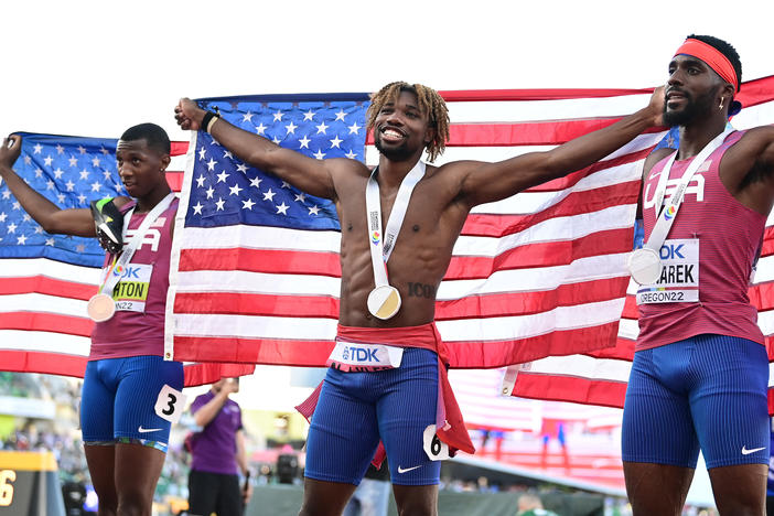 The U.S. swept the men's 200m final at the World Athletics Championships at Hayward Field  in Eugene, Ore., with Noah Lyles setting a new U.S. record. At left is bronze medalist Erriyon Knighton; at right is silver medalist Kenneth Bednarek.