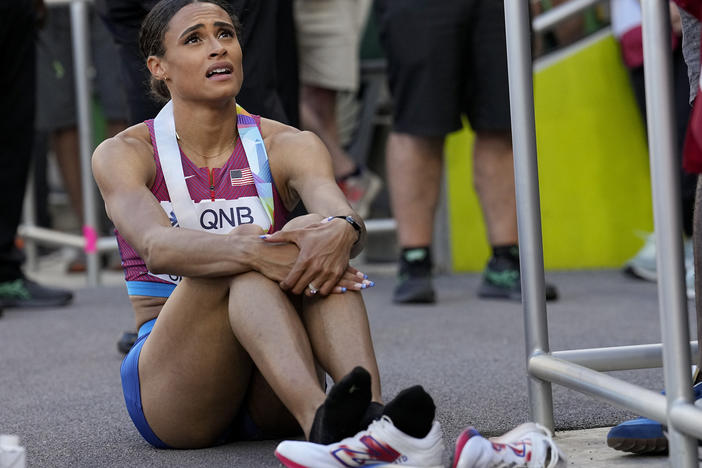 Sydney Mclaughlin, of the United States, recovers after winning the final of the women's 400-meter hurdles at the World Athletics Championships on Friday.
