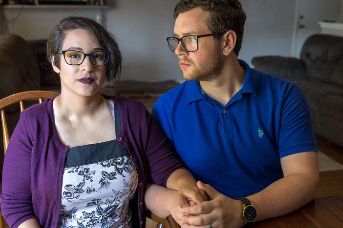 Elizabeth and James Weller at their home in Houston two months after losing their baby girl due to a premature rupture of membranes. Elizabeth could not receive the medical care she needed until several days later because of a Texas law that banned abortion after six weeks.