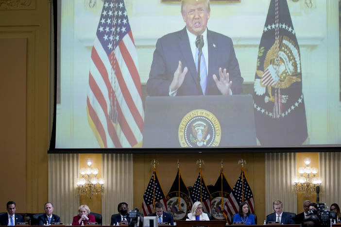 A video of President Donald Trump recording a statement on Jan. 7, 2021, is played, as the House select committee investigating the Jan. 6 attack on the U.S. Capitol holds a hearing on July 21.