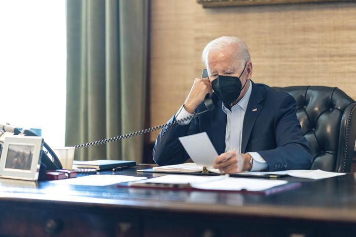 President Joe Biden speaks on the phone with his national security team on July 22 from the White House in Washington.