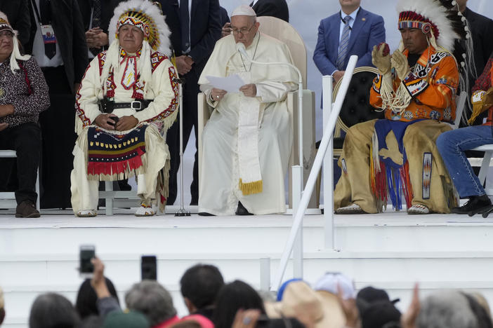 Pope Francis delivers remarks as he meets Indigenous communities — including First Nations, Metis and Inuit — at Our Lady of Seven Sorrows Catholic Church in Maskwacis, near Edmonton, Canada, on Monday.